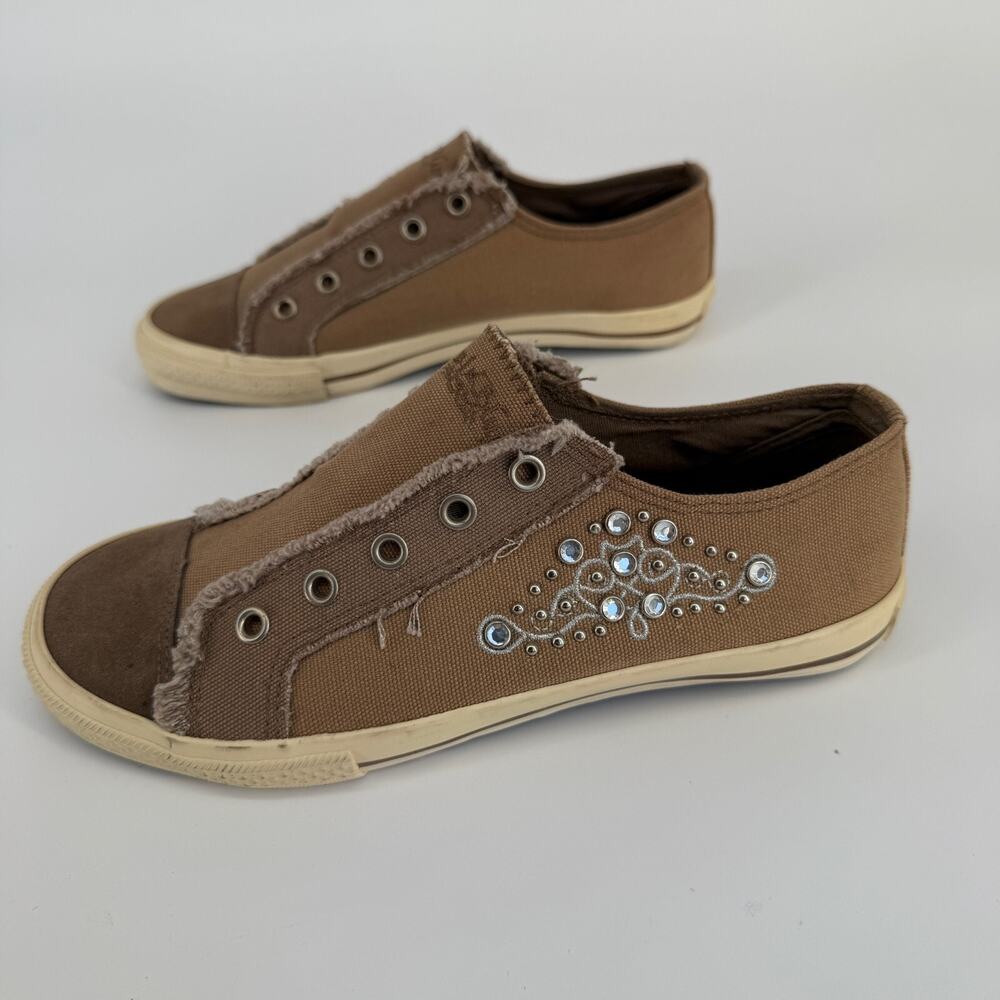 Y2K Vtg Paris Blues Womens Sneakers Brown Rhinestone Slip-On Bilng Casual Size 8 - Picture 3 of 9